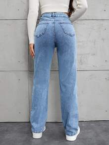 EURMUSE 100%Cotton Slant Pocket Straight Leg Jeans - Light Wash - View 3