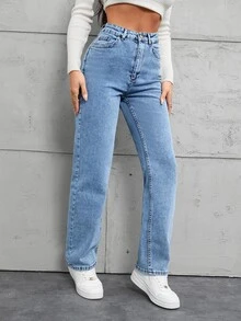 EURMUSE 100%Cotton Slant Pocket Straight Leg Jeans - Light Wash - View 6