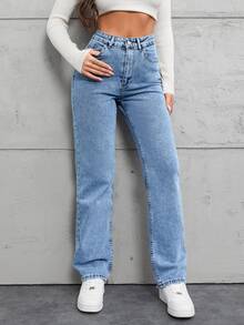 EURMUSE 100%Cotton Slant Pocket Straight Leg Jeans - Light Wash - View 4
