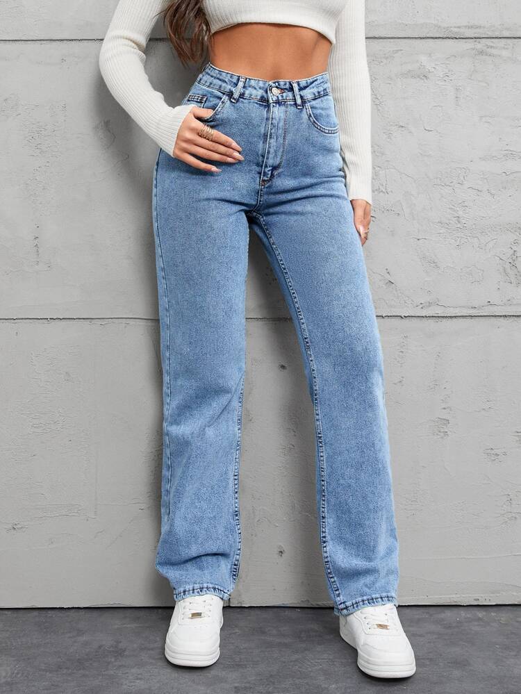 EURMUSE 100%Cotton Slant Pocket Straight Leg Jeans - Light Wash - View 3