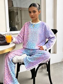 青少年女孩秋季彩色豹紋印花運動衫與長褲套裝，可愛舒適秋季日常穿搭 - 彩色 - 查看 4