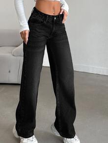 Women's Casual Streetwear Washed Low Waist Straight Leg Jeans Off Campus Everyday Black Summer - Black - View 4