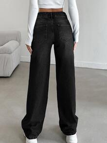 Women's Casual Streetwear Washed Low Waist Straight Leg Jeans Off Campus Everyday Black Summer - Black - View 2