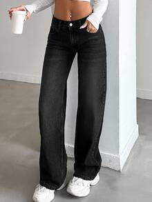Women's Casual Streetwear Washed Low Waist Straight Leg Jeans Off Campus Everyday Black Summer - Black - View 7