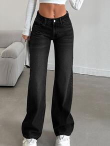 Women's Casual Streetwear Washed Low Waist Straight Leg Jeans Off Campus Everyday Black Summer - Black - View 6