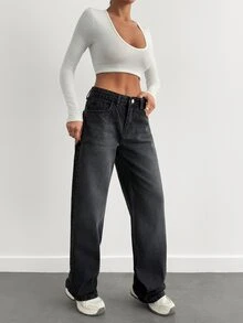 SHEIN Tall TALL STRAIGHT DARK WASH LONG MEDIUM JEANS - Black - View 4
