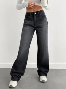 SHEIN Tall TALL STRAIGHT DARK WASH LONG MEDIUM JEANS - Black - View 3