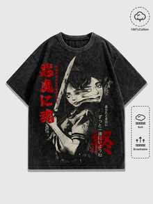 ROMWE MEN Goth 男士角色印花圓領短袖休閒寬鬆版型T恤 - 黑色 - 查看 3