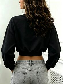 Rovax Loose Fit Cropped Crew Neck Drop Shoulder Long Sleeve Top - Black - View 2