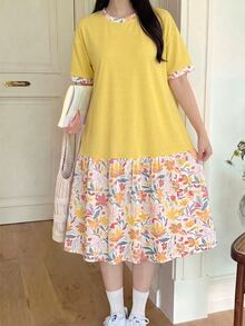 SHEIN Teen Girl Casual Cute Modest Minimalist Short Sleeve Mid-Length Dress, Suitable For Spring And Summer Vacation Yellow Primary School Rave - Multicolor - View 5