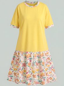 SHEIN Teen Girl Casual Cute Modest Minimalist Short Sleeve Mid-Length Dress, Suitable For Spring And Summer Vacation Yellow Primary School Rave - Multicolor - View 4