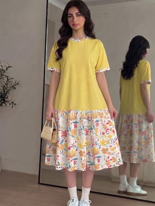 SHEIN Teen Girl Casual Cute Modest Minimalist Short Sleeve Mid-Length Dress, Suitable For Spring And Summer Vacation Yellow Primary School Rave