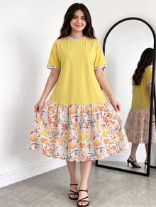 SHEIN Teen Girl Casual Cute Modest Minimalist Short Sleeve Mid-Length Dress, Suitable For Spring And Summer Vacation Yellow Primary School Rave - Multicolor - View 2