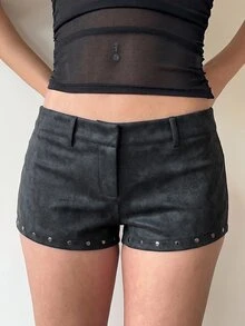 Aloruh Women's Rivet Tie-Dye PU Hot Sexy Ultra Low Waist Super Short Shorts - Dark Grey - View 5