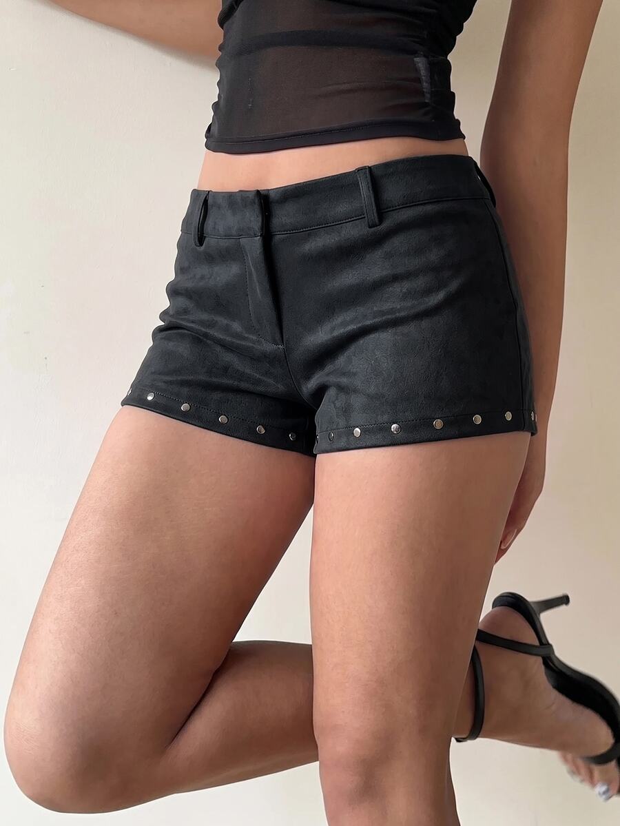 Aloruh Women's Rivet Tie-Dye PU Hot Sexy Ultra Low Waist Super Short Shorts - Dark Grey - View 1