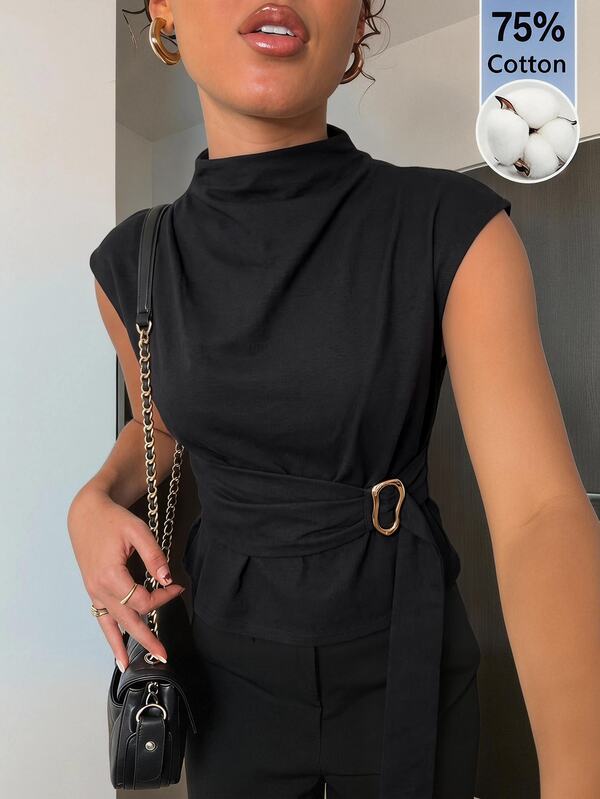 Aloruh Black Short Sleeve Shirt Elegant Business Commute Minimalist Old Money Style Graceful Office Blouse
