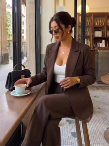Firerie Plus Size Women Solid Color Notch Lapel Casual Normal Elegant Curve Versatile Daily Wear Long Sleeve Jacket Autumn Office Evening Formal Brown Fall - Coffee Brown - View 2