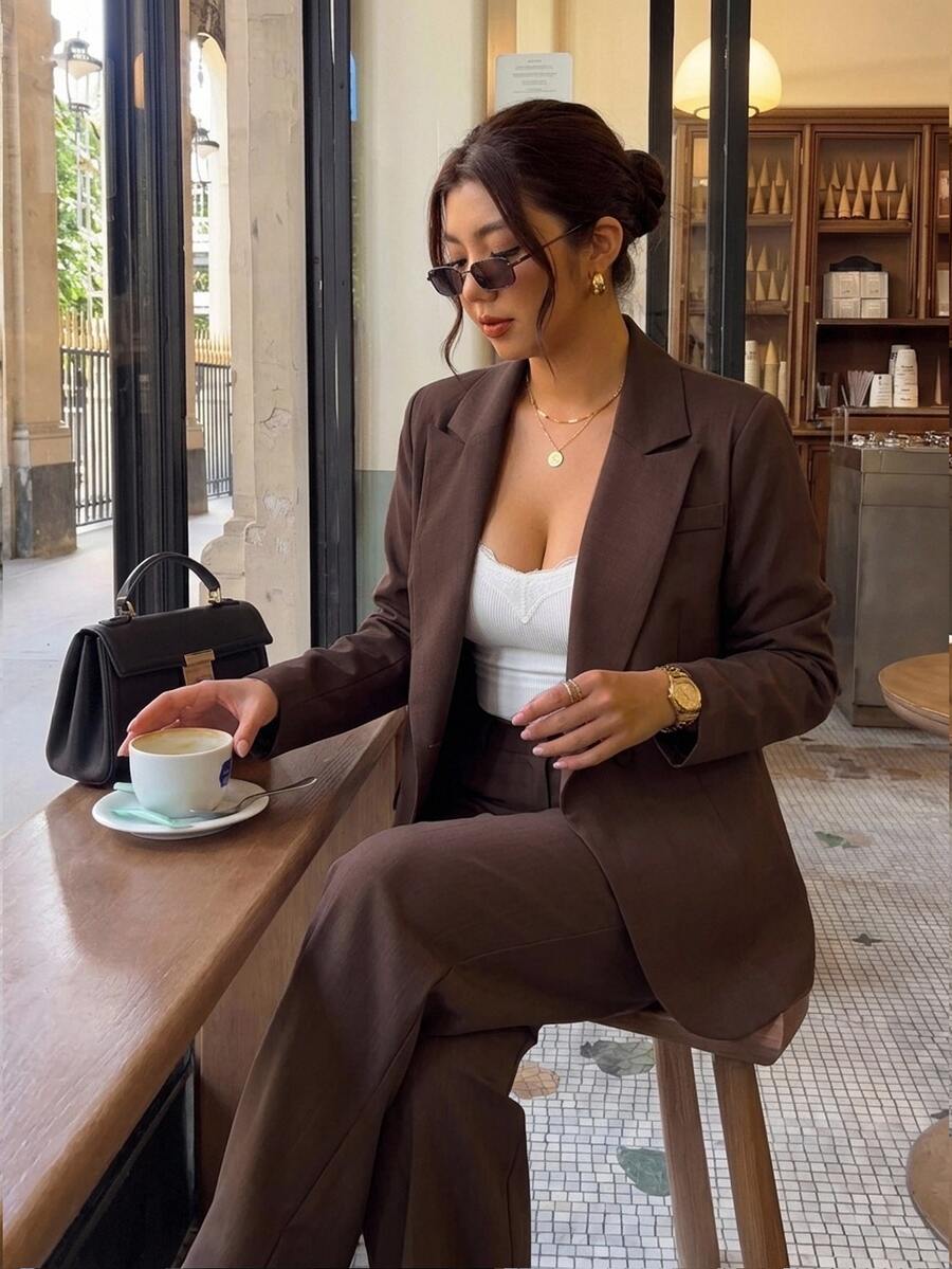 Firerie Plus Size Women Solid Color Notch Lapel Casual Normal Elegant Curve Versatile Daily Wear Long Sleeve Jacket Autumn Office Evening Formal Brown Fall