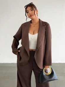 Firerie Plus Size Women Solid Color Notch Lapel Casual Normal Elegant Curve Versatile Daily Wear Long Sleeve Jacket Autumn Office Evening Formal Brown Fall - Coffee Brown - View 3