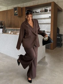 Firerie Plus Size Women Solid Color Notch Lapel Casual Normal Elegant Curve Versatile Daily Wear Long Sleeve Jacket Autumn Office Evening Formal Brown Fall - Coffee Brown - View 6