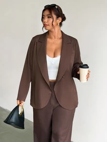 Firerie Plus Size Women Solid Color Notch Lapel Casual Normal Elegant Curve Versatile Daily Wear Long Sleeve Jacket Autumn Office Evening Formal Brown Fall - Coffee Brown - View 8