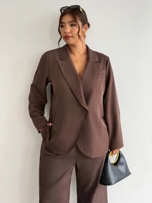 Firerie Plus Size Women Solid Color Notch Lapel Casual Normal Elegant Curve Versatile Daily Wear Long Sleeve Jacket Autumn Office Evening Formal Brown Fall - Coffee Brown - View 5