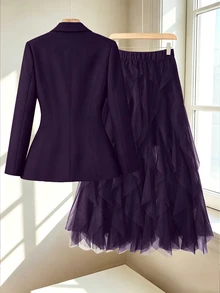 GlowEve CURVE Plus Size Elegant Button Long Sleeve Blazer And Ruffle Hem Soft Midi Skirt Suit Set - Purple - View 2