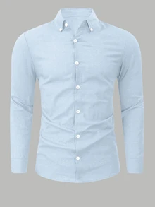 Manfinity Mode Camisa de manga larga con botones de unicolor para hombre, otoño y vacaciones - Celeste - Ver 3