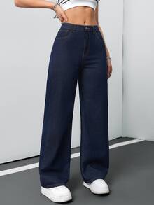 SHEIN Tall CURVE 大尺碼休閒傳統俐落水洗寬鬆牛仔褲 正式場合、夜店、海灘適用 海軍藍 夏季 - 藍色 - 查看 7