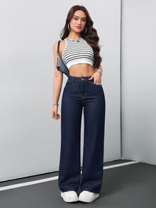 SHEIN Tall CURVE 大尺碼休閒傳統俐落水洗寬鬆牛仔褲 正式場合、夜店、海灘適用 海軍藍 夏季 - 藍色 - 查看 5