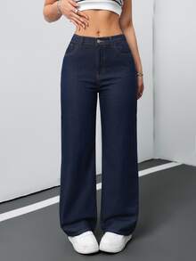 SHEIN Tall CURVE 大尺碼休閒傳統俐落水洗寬鬆牛仔褲 正式場合、夜店、海灘適用 海軍藍 夏季 - 藍色 - 查看 4