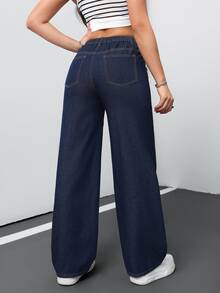 SHEIN Tall CURVE 大尺碼休閒傳統俐落水洗寬鬆牛仔褲 正式場合、夜店、海灘適用 海軍藍 夏季 - 藍色 - 查看 3