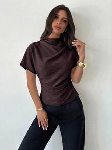 Firerie Summer Ruched Collar Asymmetrical Sleeve Side Waist Ruched Slimming Commute Apricot Bamboo Linen Fabric Women's Shirt, All Season - Brown - View 5