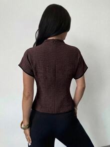 Firerie Summer Ruched Collar Asymmetrical Sleeve Side Waist Ruched Slimming Commute Apricot Bamboo Linen Fabric Women's Shirt, All Season - Brown - View 2
