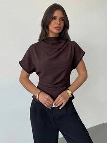 Firerie Summer Ruched Collar Asymmetrical Sleeve Side Waist Ruched Slimming Commute Apricot Bamboo Linen Fabric Women's Shirt, All Season - Brown - View 9
