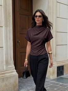 Firerie Summer Ruched Collar Asymmetrical Sleeve Side Waist Ruched Slimming Commute Apricot Bamboo Linen Fabric Women's Shirt, All Season - Brown - View 4