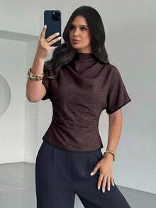 Firerie Summer Ruched Collar Asymmetrical Sleeve Side Waist Ruched Slimming Commute Apricot Bamboo Linen Fabric Women's Shirt, All Season - Brown - View 11