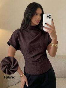 Firerie Summer Ruched Collar Asymmetrical Sleeve Side Waist Ruched Slimming Commute Apricot Bamboo Linen Fabric Women's Shirt, All Season - Brown - View 3