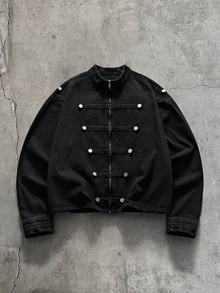 AXEPEAK Men's Spring/Autumn Casual Denim Jacket, Plain, Grunge, Urban, Work - Black - View 6