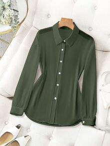 Franclia Women's Solid Color Single-Breasted Casual Versatile Daily Wear Long Sleeve Shirt - Army Green - View 5