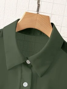 Franclia Women's Solid Color Single-Breasted Casual Versatile Daily Wear Long Sleeve Shirt - Army Green - View 7