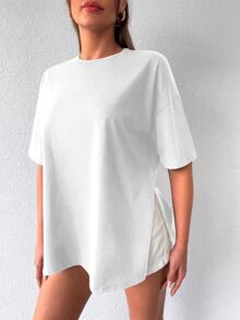 EURMUSE 2pcs Casual Solid Round Neck Slit Women T-Shirts - Multicolor - View 3