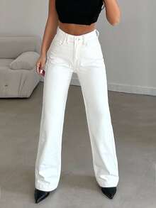 EURMUSE Solid Straight Leg Jeans Without Belt - White - View 6