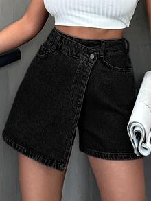 EURMUSE High Waist Wrap Denim Skort For Summer - Black - View 6