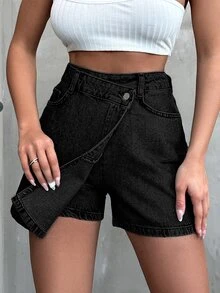 EURMUSE High Waist Wrap Denim Skort For Summer - Black - View 4