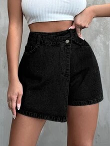 EURMUSE High Waist Wrap Denim Skort For Summer - Black - View 5