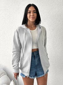 EURMUSE 100%Cotton Zip Up Drop Shoulder Drawstring Hoodie - Grey - View 6