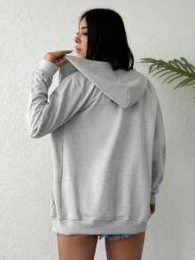EURMUSE 100%Cotton Zip Up Drop Shoulder Drawstring Hoodie - Grey - View 2