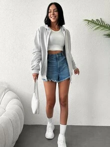 EURMUSE 100%Cotton Zip Up Drop Shoulder Drawstring Hoodie - Grey - View 3