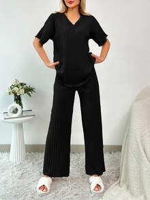 EURMUSE 2Pcs/Women's Button Details And Lettuce Trim Detail Homewear Lounge Set - Black - View 4